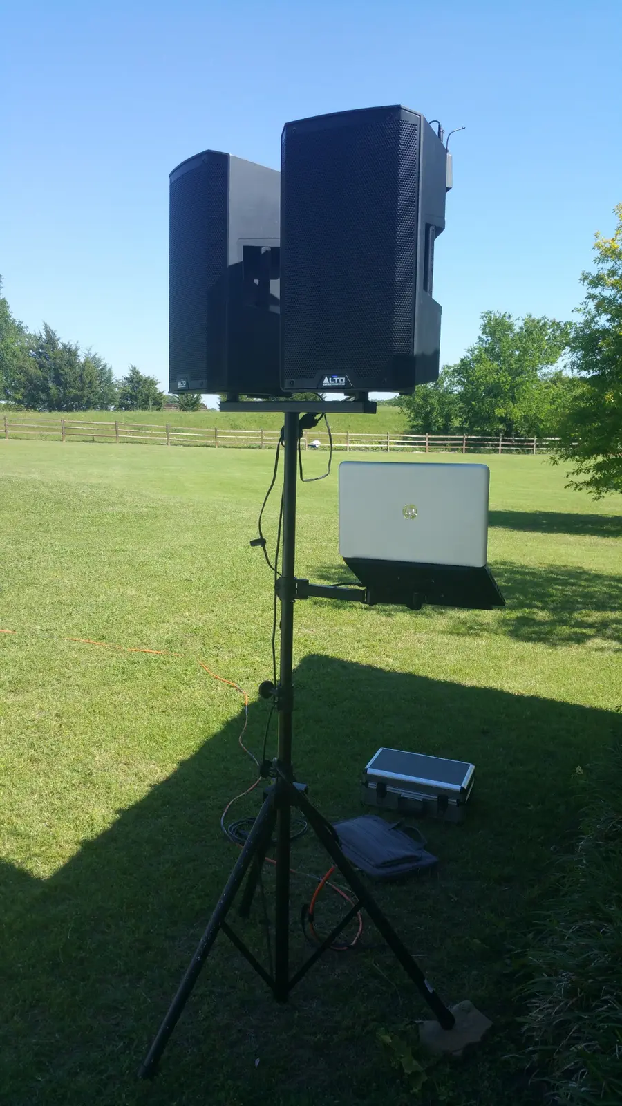 ThatDjGuy's compact dual-speaker ceremony system set up outdoors